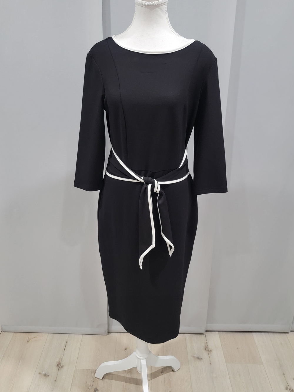 Joseph Ribkoff Black Midi Sheath Dress with White-Trim Tie